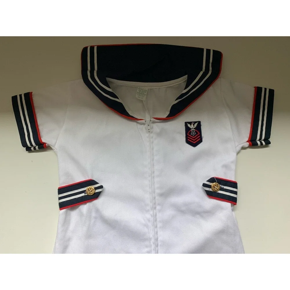 Vintage 1960s Outfit Sailor Suit White Navy Blue Collar Toddler Size 4T Romper - Picture 7 of 8